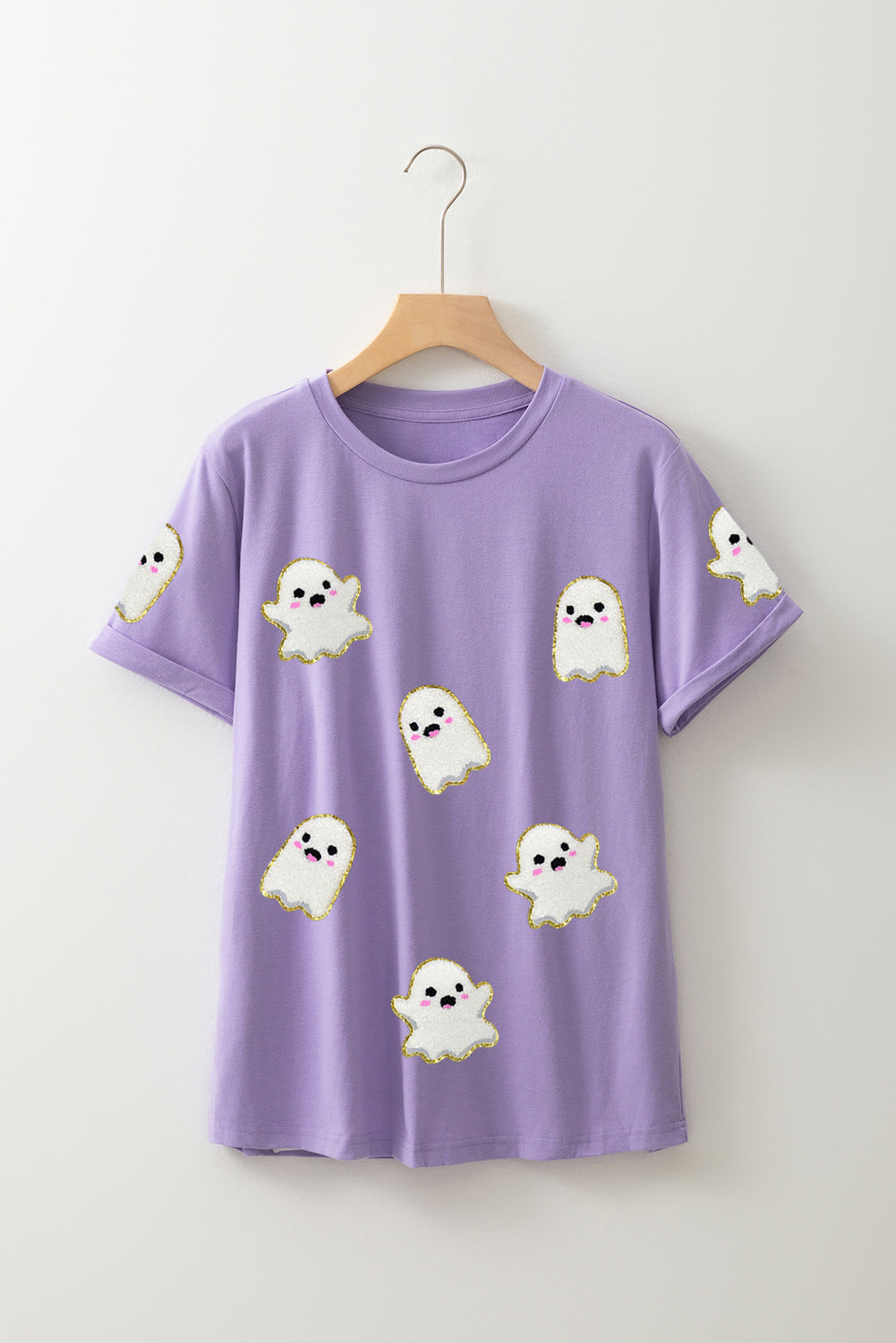 Wisteria Glitter Trim Chenille Ghost Patched Halloween Graphic Tee