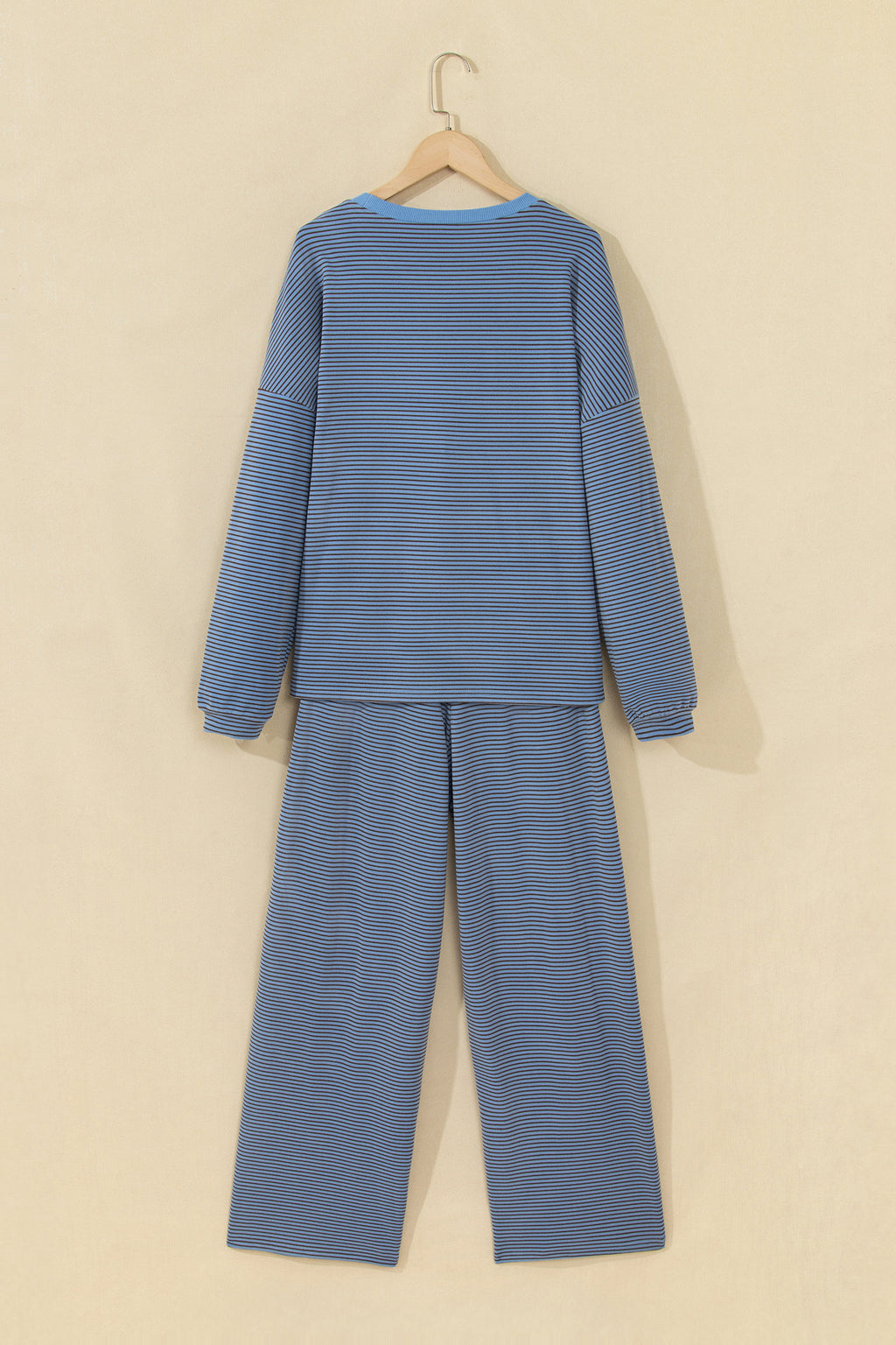 Pink Stripe Contrast Trim Round Neck Oversize Long Sleeve Top 2pcs Pant Set