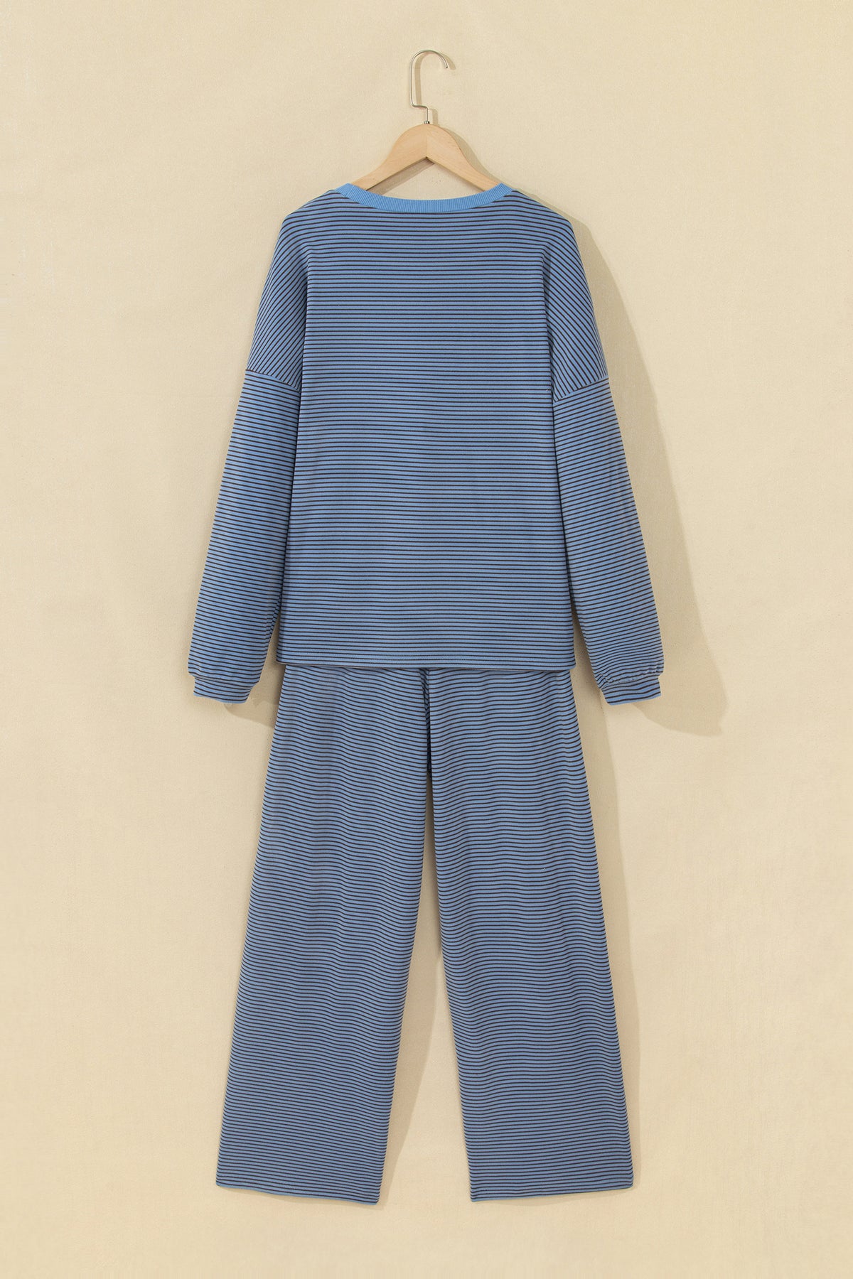 Pink Stripe Contrast Trim Round Neck Oversize Long Sleeve Top 2pcs Pant Set