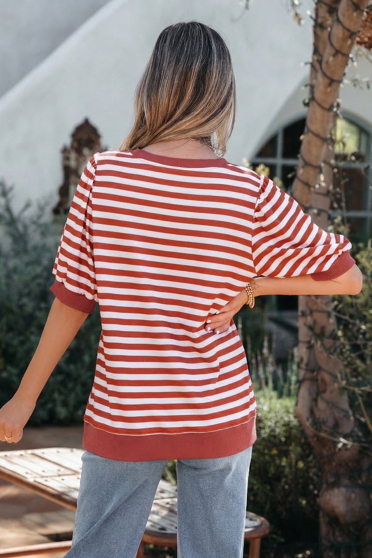 Orange Stripe Short Bubble Sleeve T Shirt
