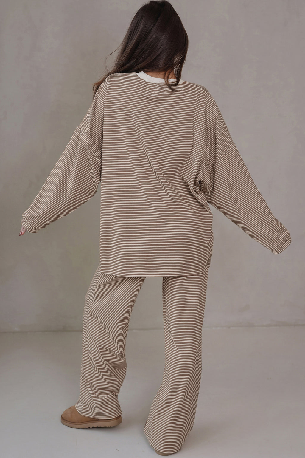 Pink Stripe Contrast Trim Round Neck Oversize Long Sleeve Top 2pcs Pant Set