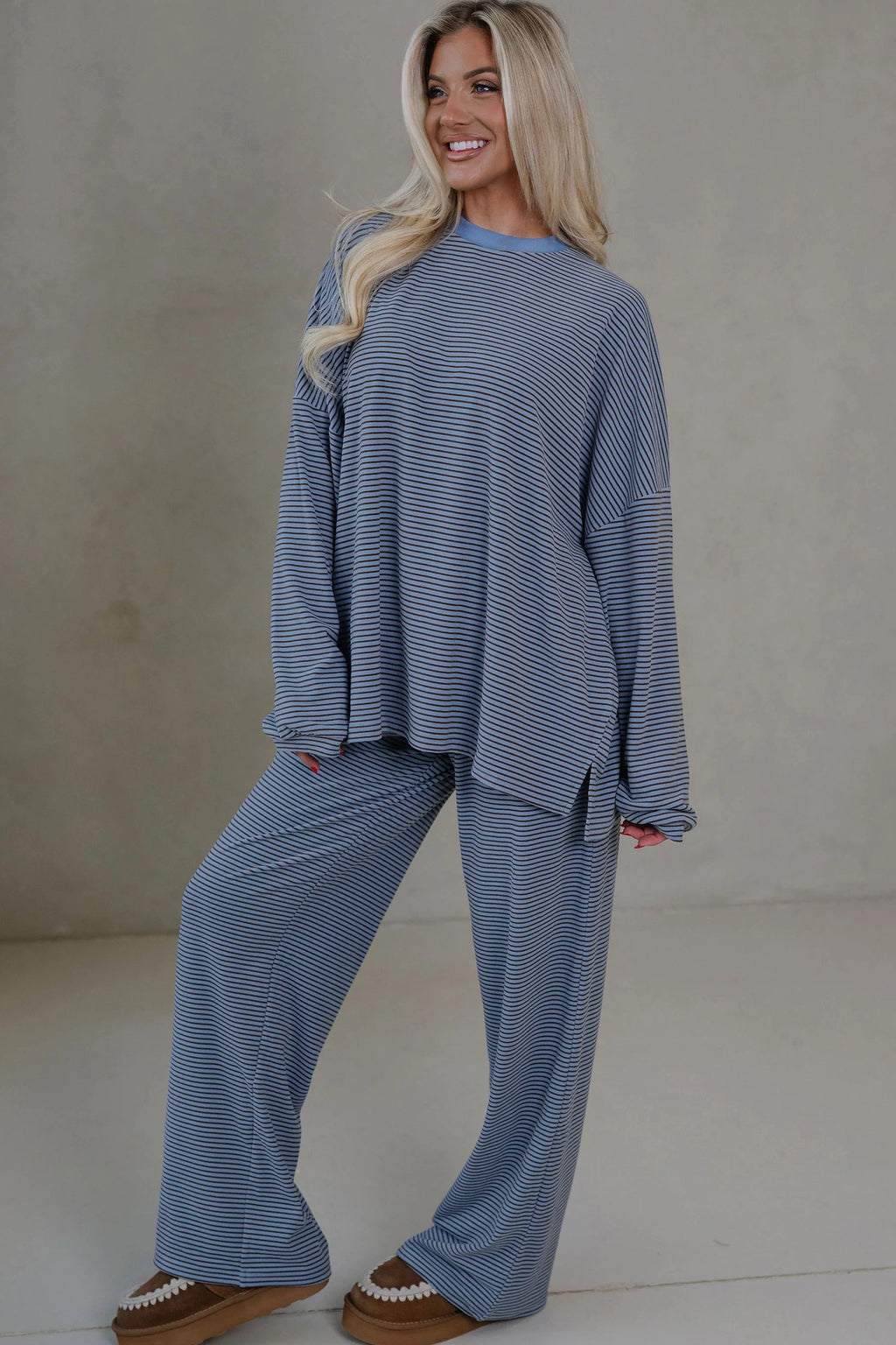Pink Stripe Contrast Trim Round Neck Oversize Long Sleeve Top 2pcs Pant Set
