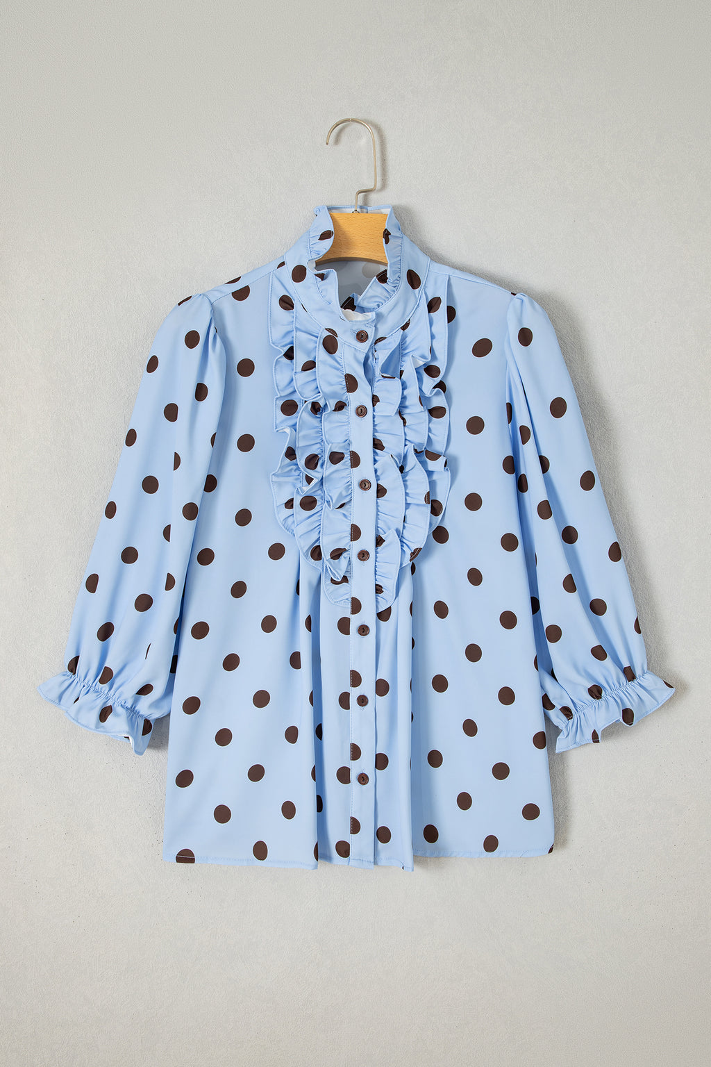 Fiery Red Polka Dot Striped Print Ruffle Stand Neck 3/4 Sleeve Shift Shirt