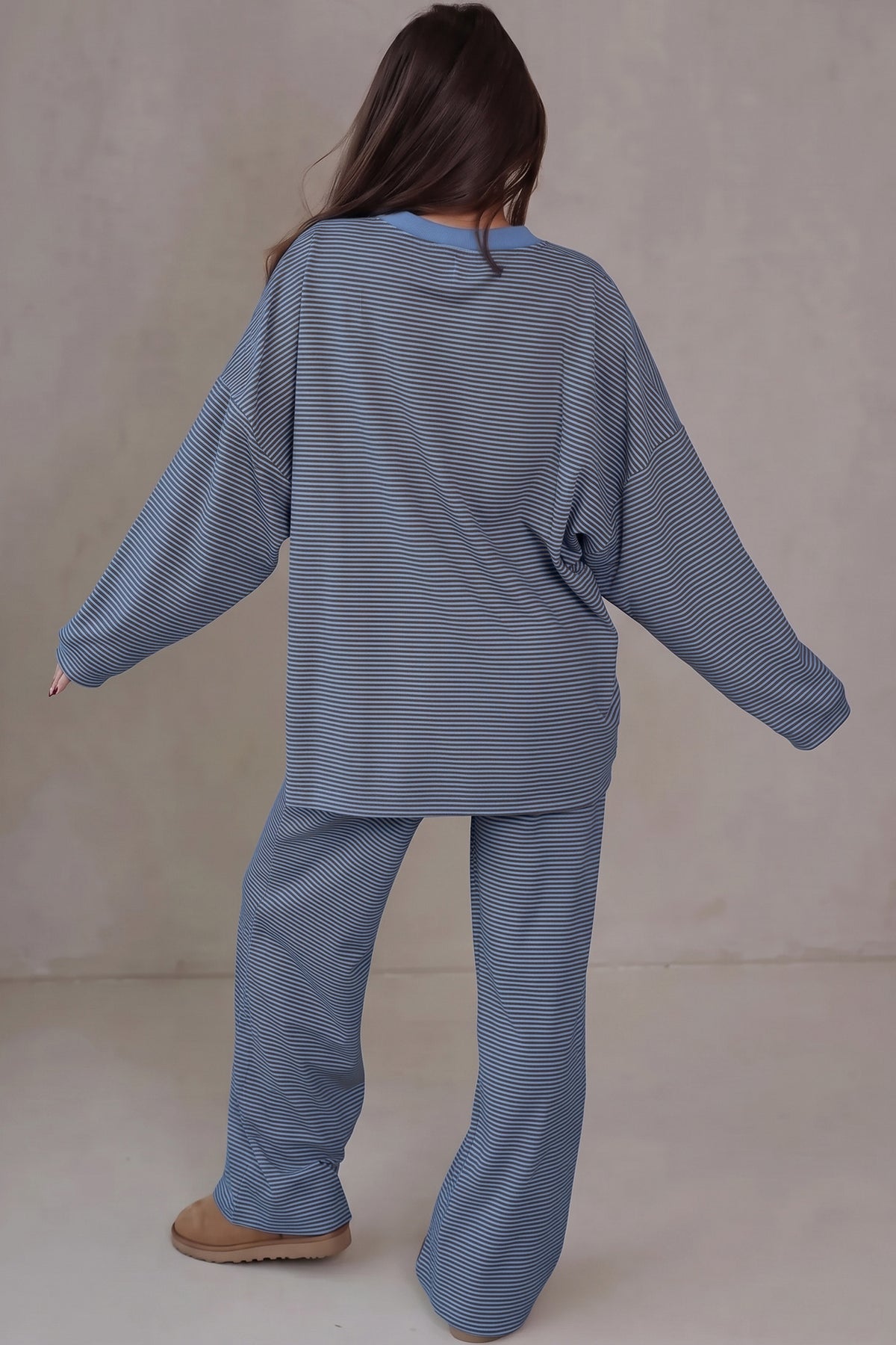 Pink Stripe Contrast Trim Round Neck Oversize Long Sleeve Top 2pcs Pant Set