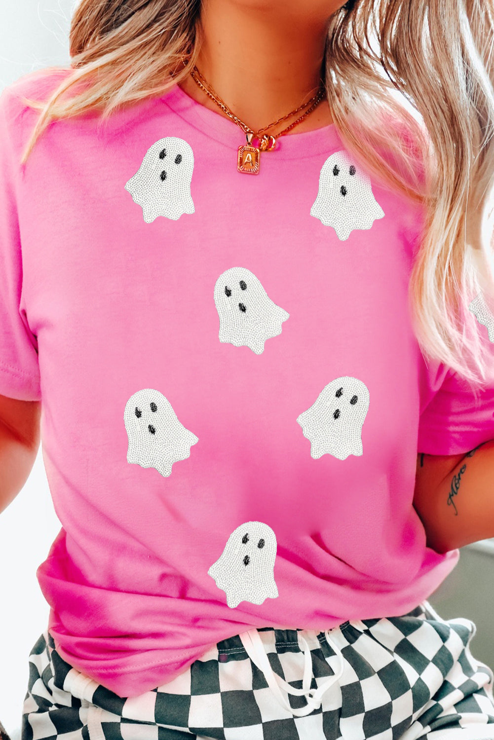Black Sequin Halloween Ghost Patched Casual T Shirt