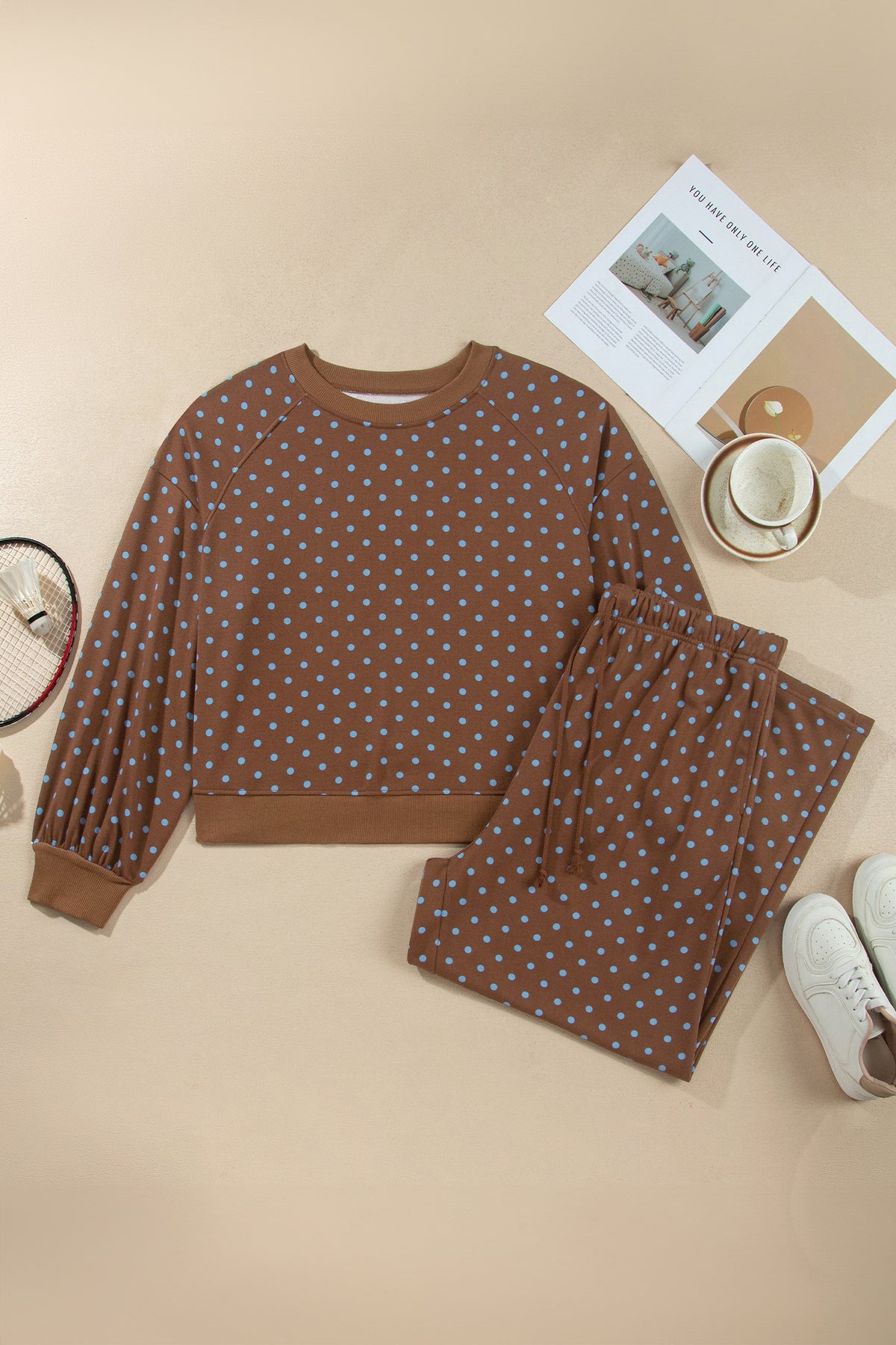 Brown Polka Dot Round Neck Long Sleeve Plus Size Set