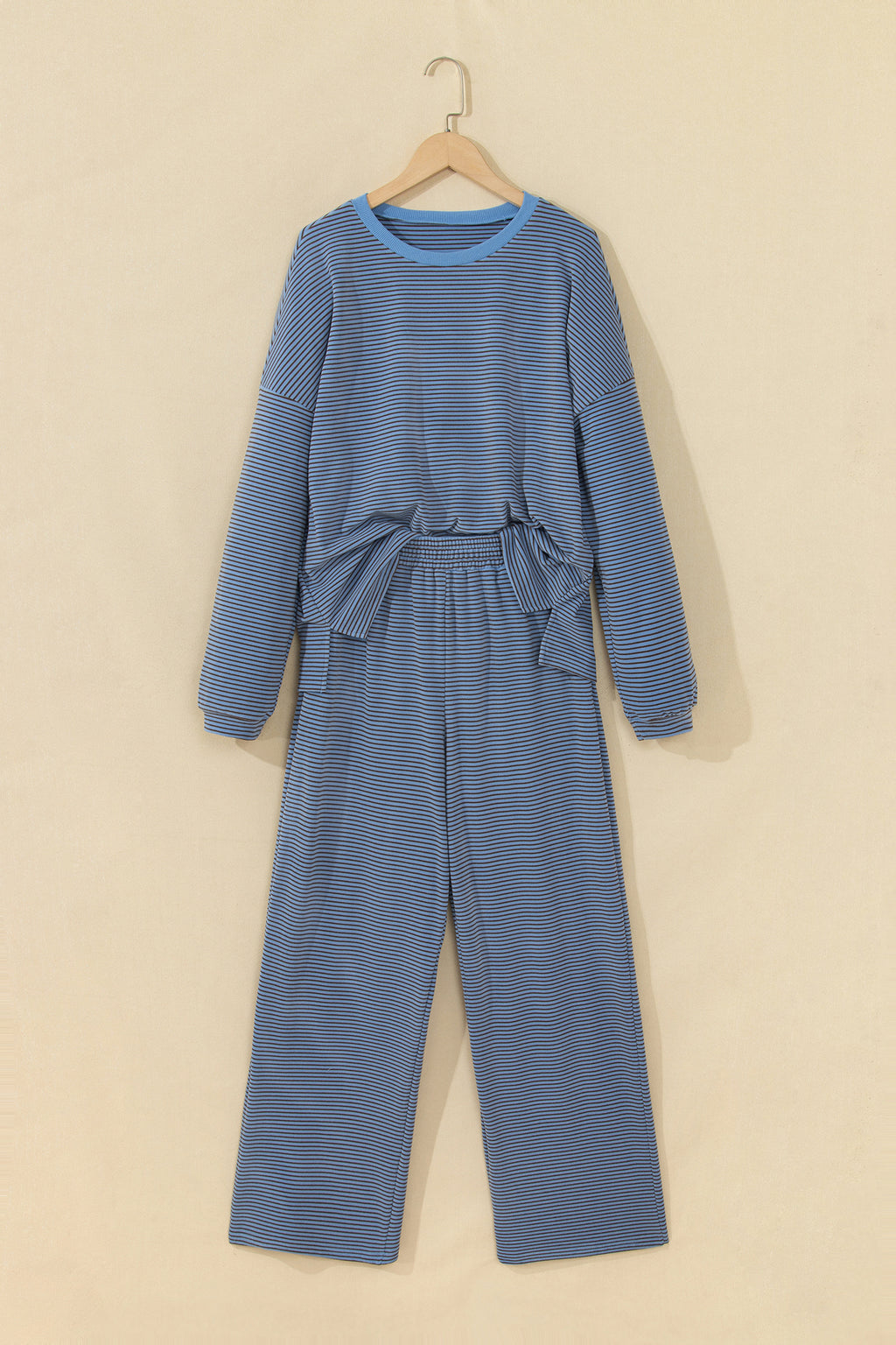 Pink Stripe Contrast Trim Round Neck Oversize Long Sleeve Top 2pcs Pant Set