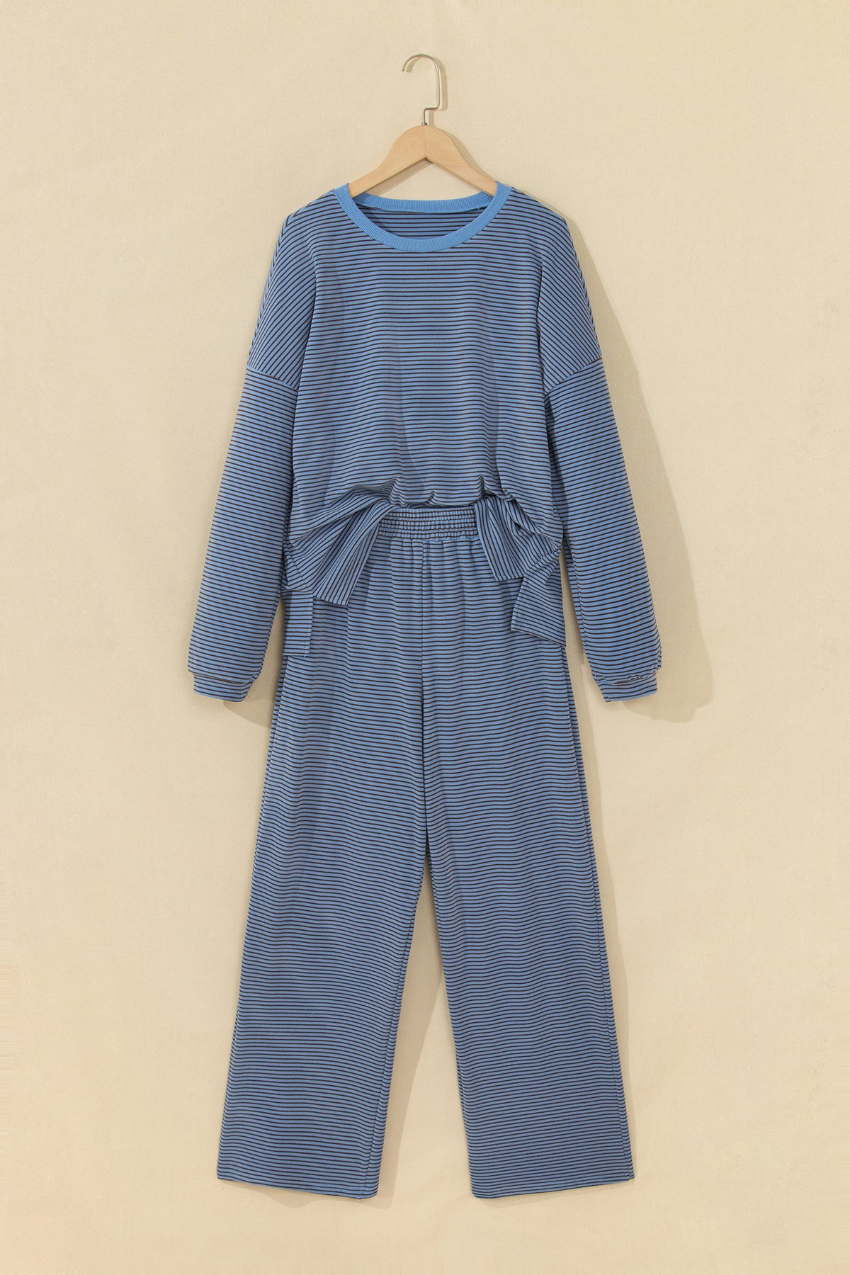 Pink Stripe Contrast Trim Round Neck Oversize Long Sleeve Top 2pcs Pant Set