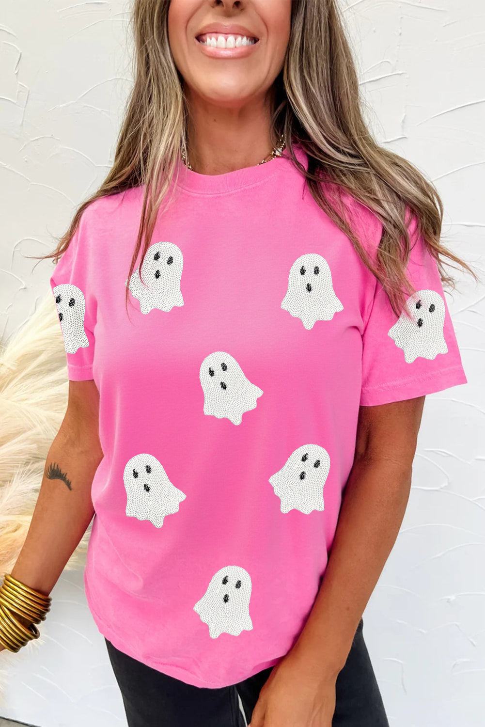 Black Sequin Halloween Ghost Patched Casual T Shirt