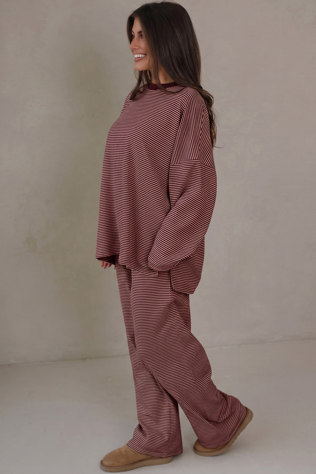 Pink Stripe Contrast Trim Round Neck Oversize Long Sleeve Top 2pcs Pant Set