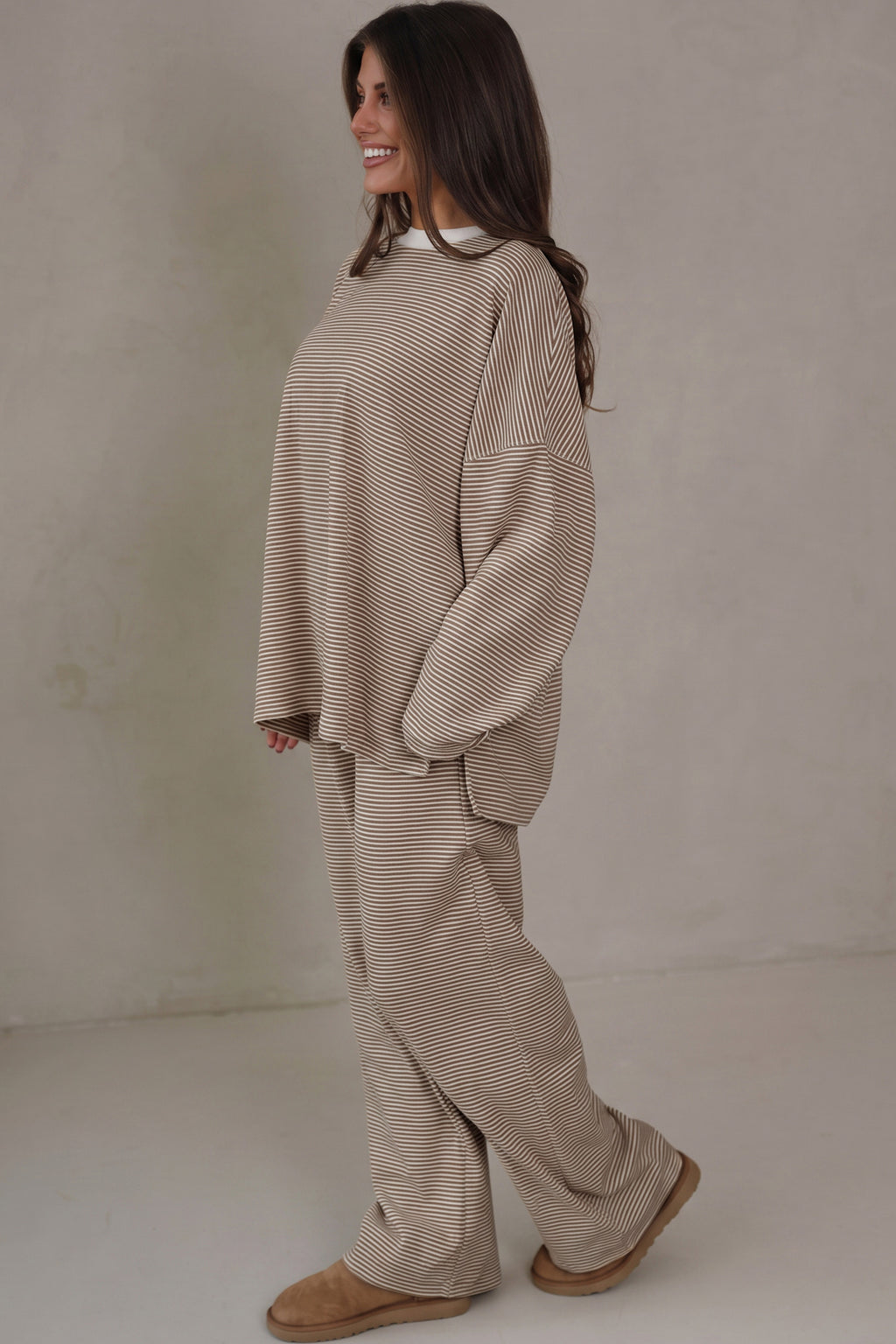 Pink Stripe Contrast Trim Round Neck Oversize Long Sleeve Top 2pcs Pant Set
