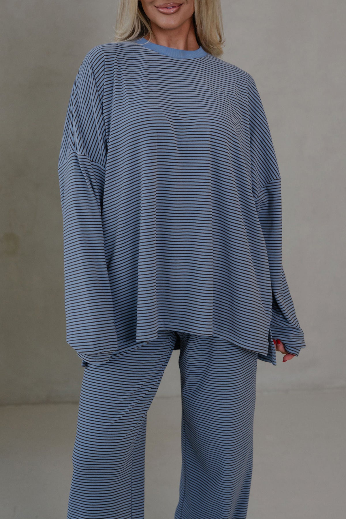 Pink Stripe Contrast Trim Round Neck Oversize Long Sleeve Top 2pcs Pant Set