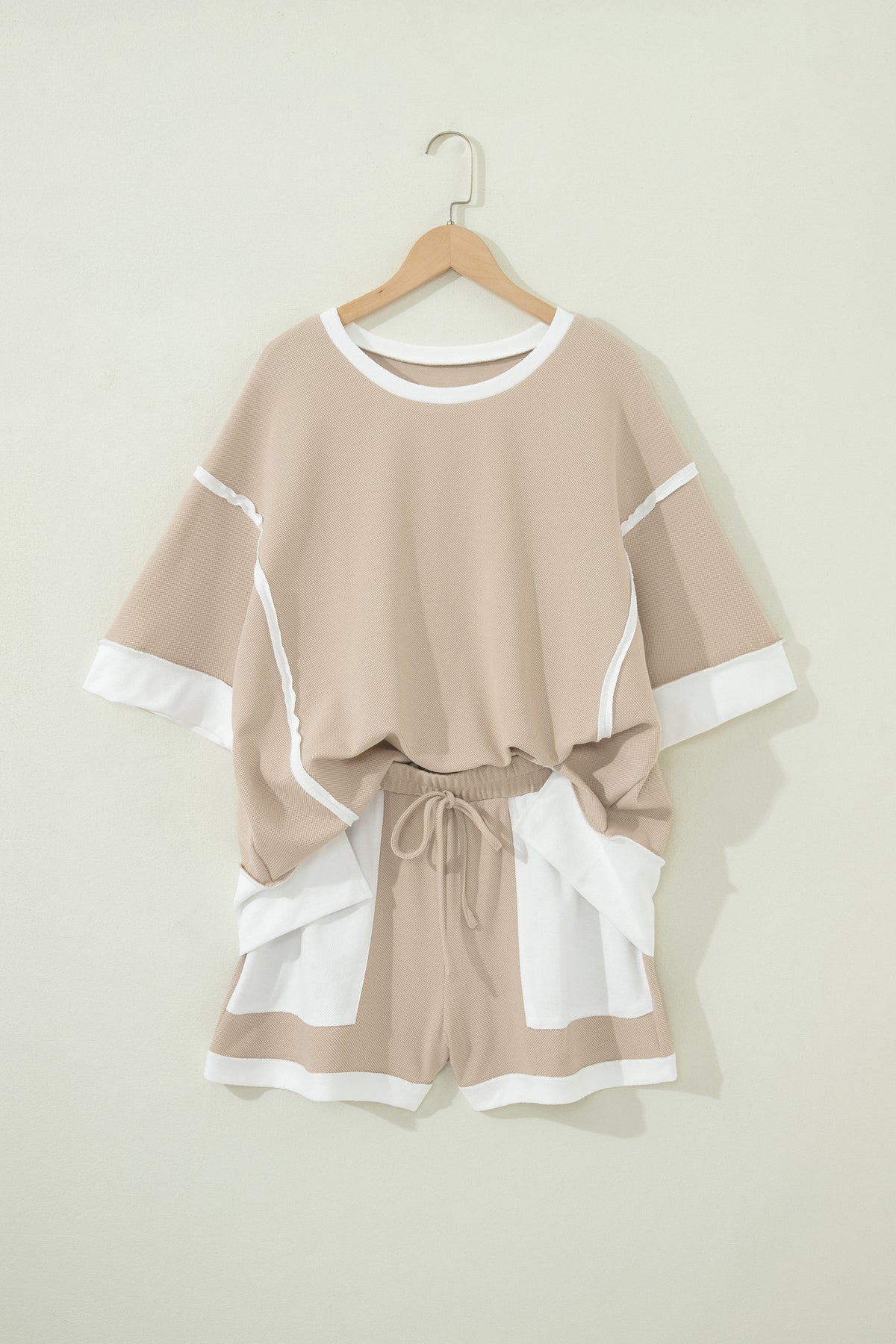 Beige Raw Edge Color Block Patchwork Oversize Tee Drawstring Loose Shorts 2pcs Set