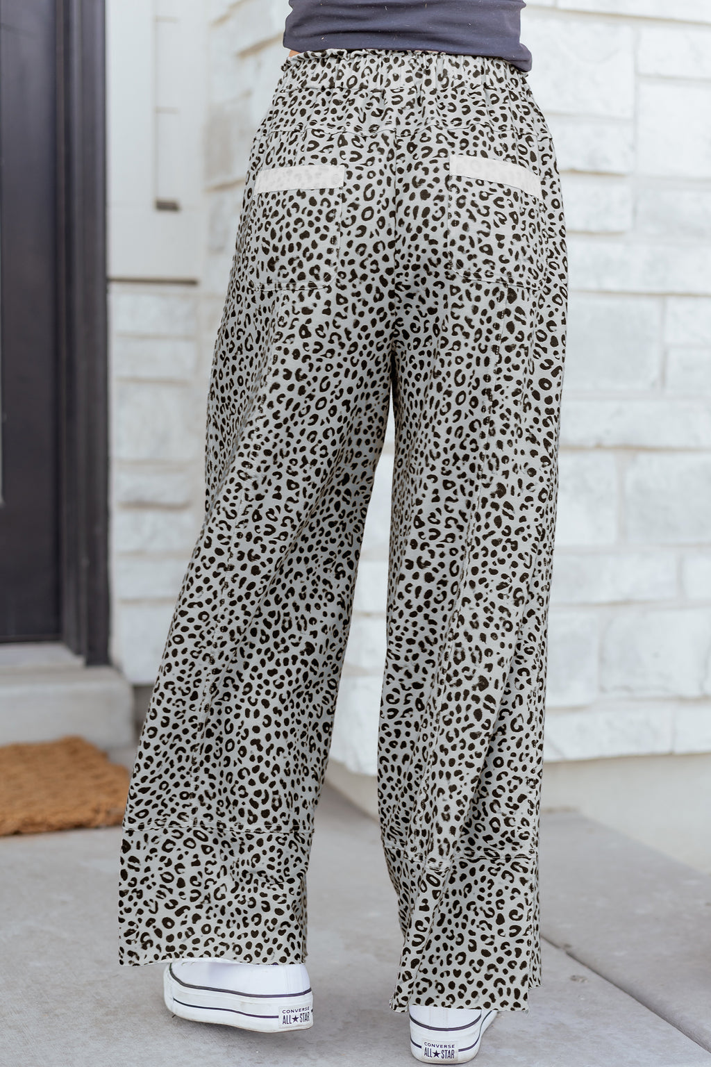 Khaki Animal Print Wide Leg Terry Knit Pants