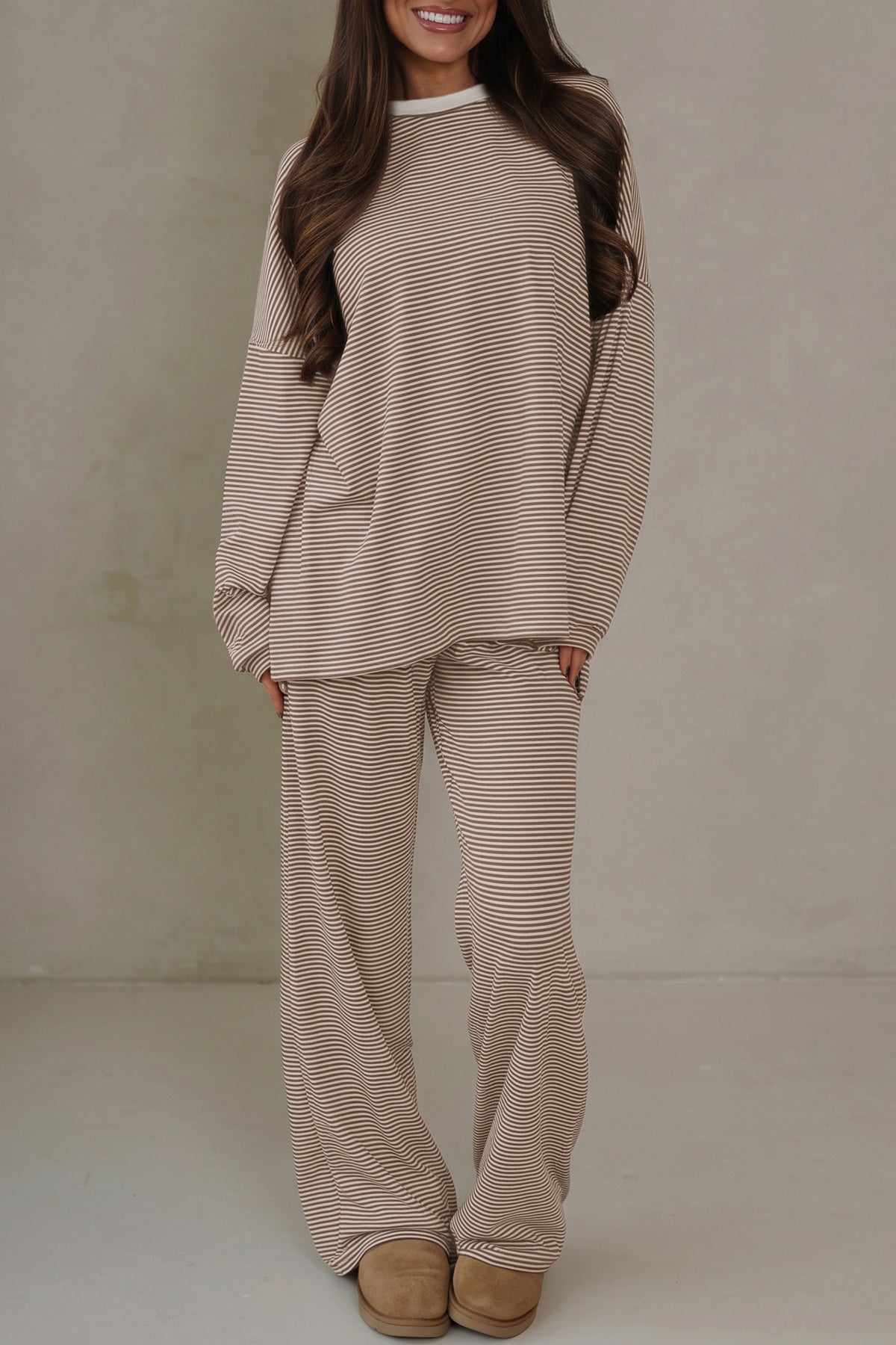 Pink Stripe Contrast Trim Round Neck Oversize Long Sleeve Top 2pcs Pant Set