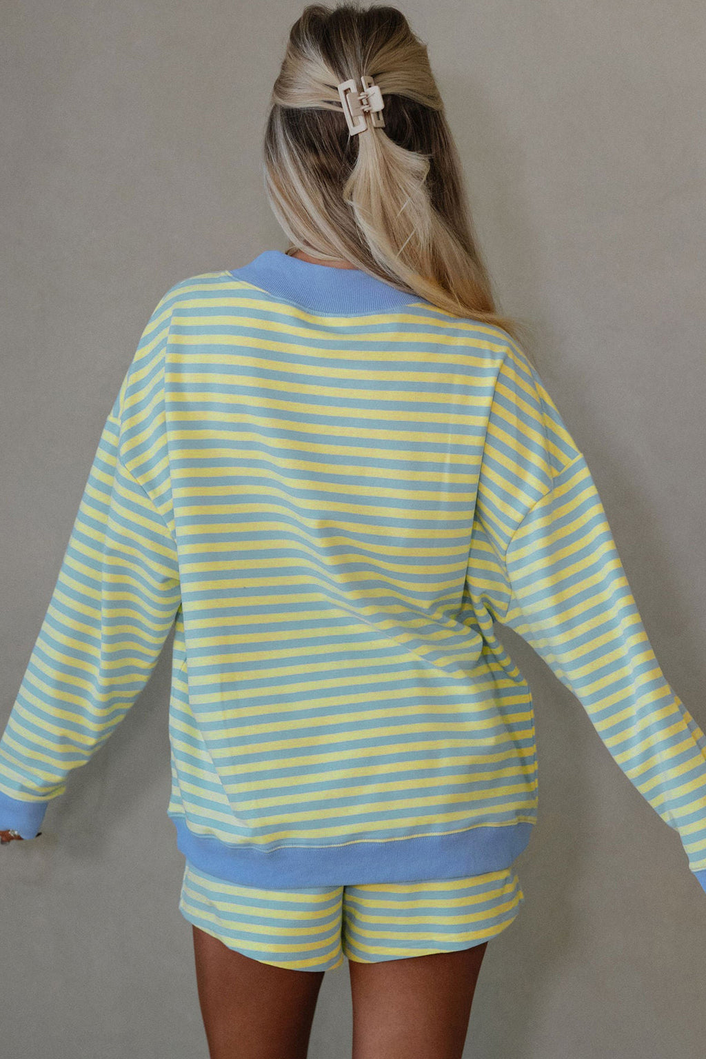 Pink Stripe Color Block Detail Long Sleeve Pullover Elastic Waist Pull On Shorts 2pcs Set