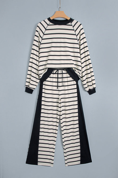 Beige Stripe Relaxed Long Sleeve Top Color Block Detail Drawstring Pant Set