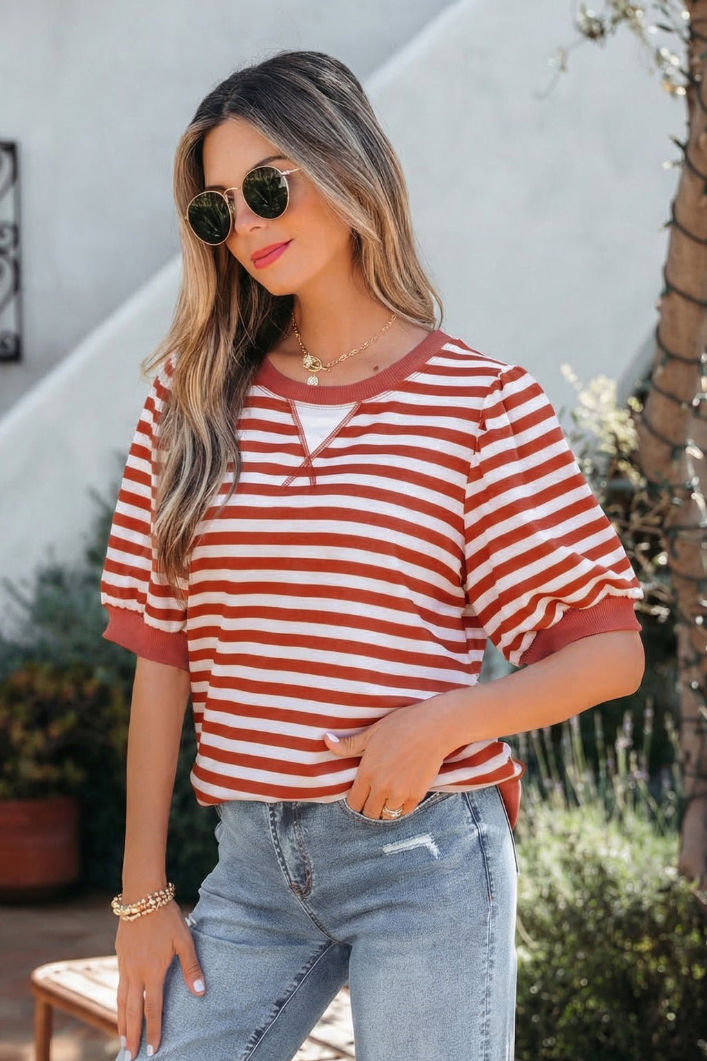 Orange Stripe Short Bubble Sleeve T Shirt