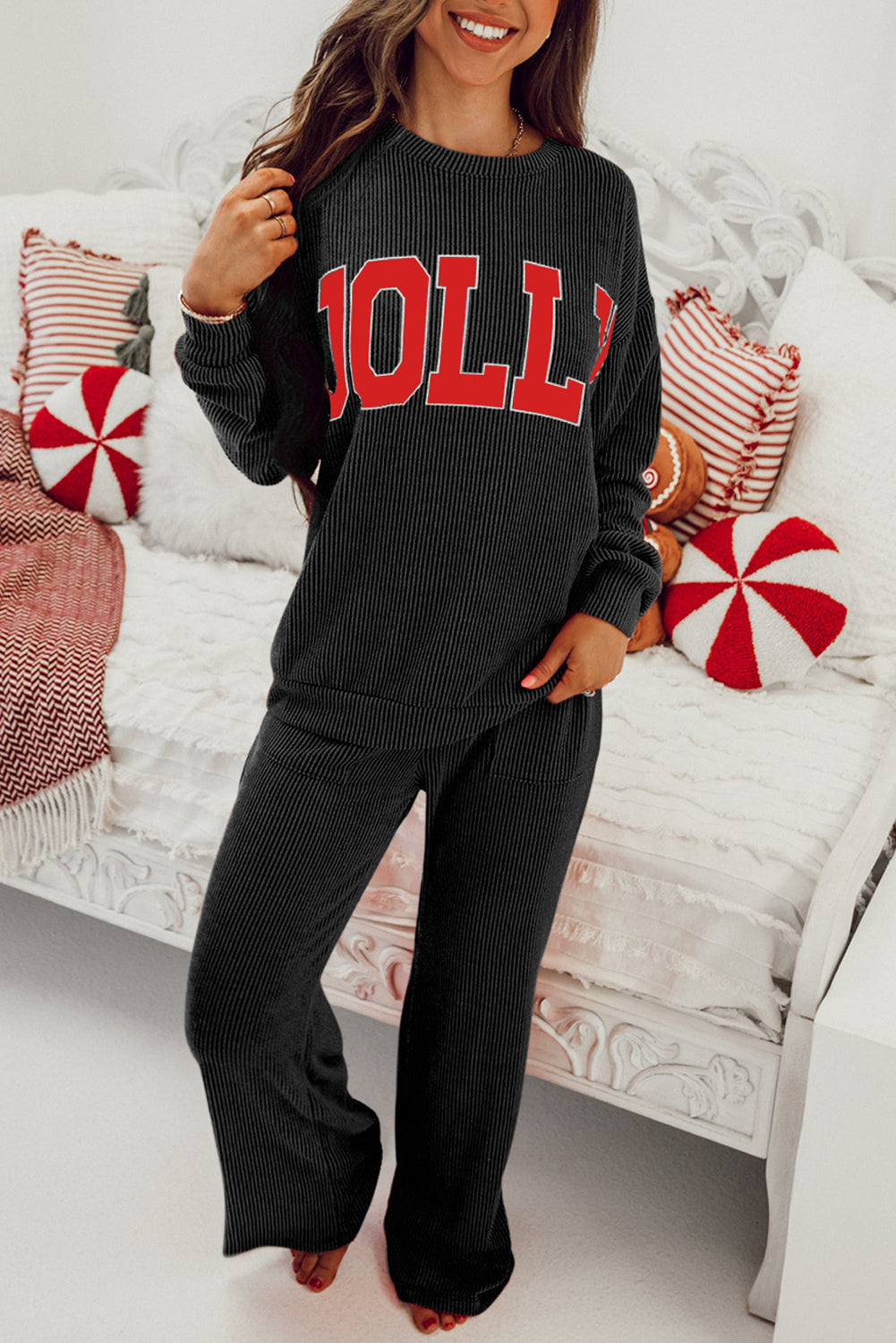 Dark Green MERRY Corded Long Sleeve Top and Pockets Pants Set