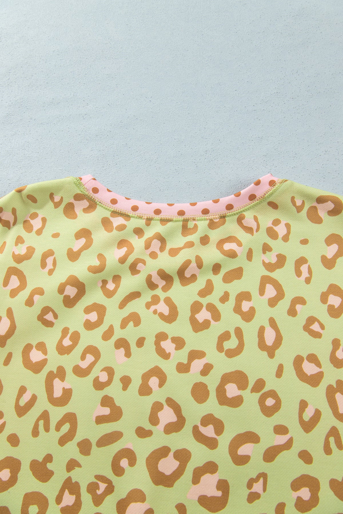 Brown Plus Size Leopard Print Contrast Polka Dot Trim Long Sleeve Top