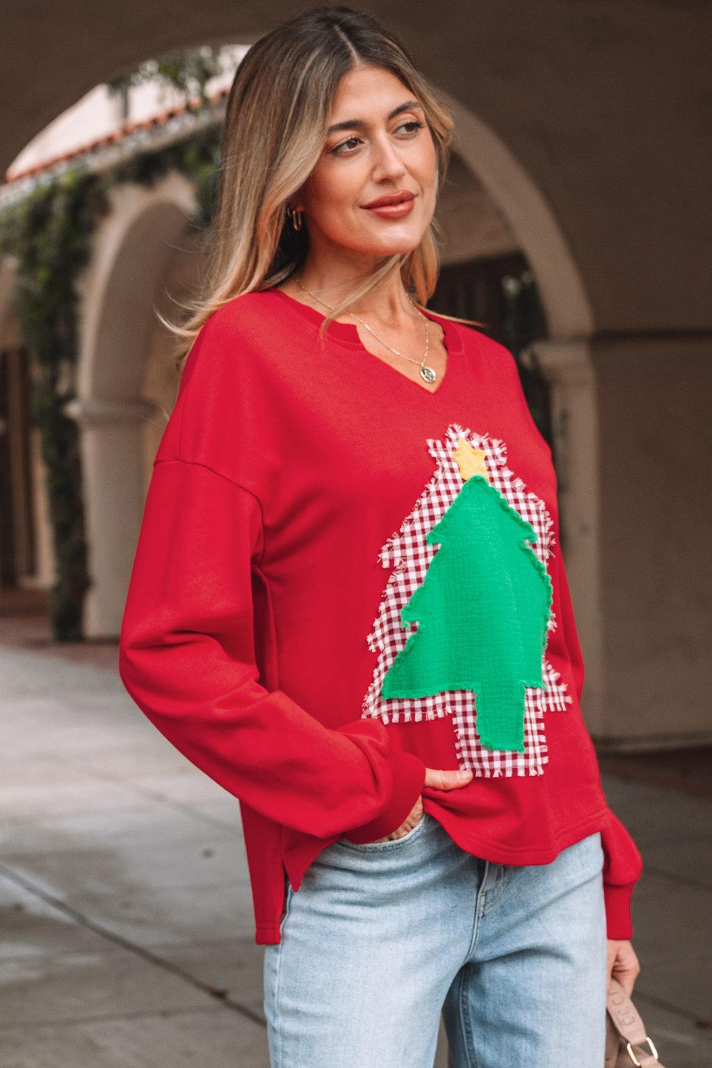 Fiery Red Plaid Frayed Double Christmas Tree Patched Drop Shoulder Sweatshirt