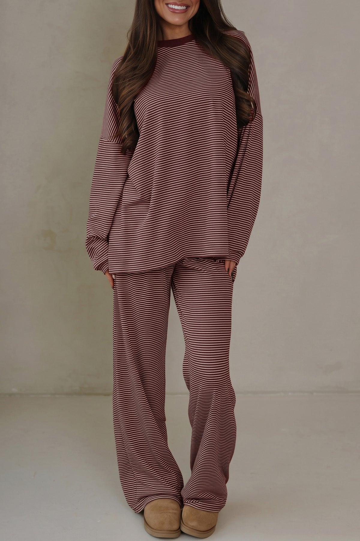Pink Stripe Contrast Trim Round Neck Oversize Long Sleeve Top 2pcs Pant Set