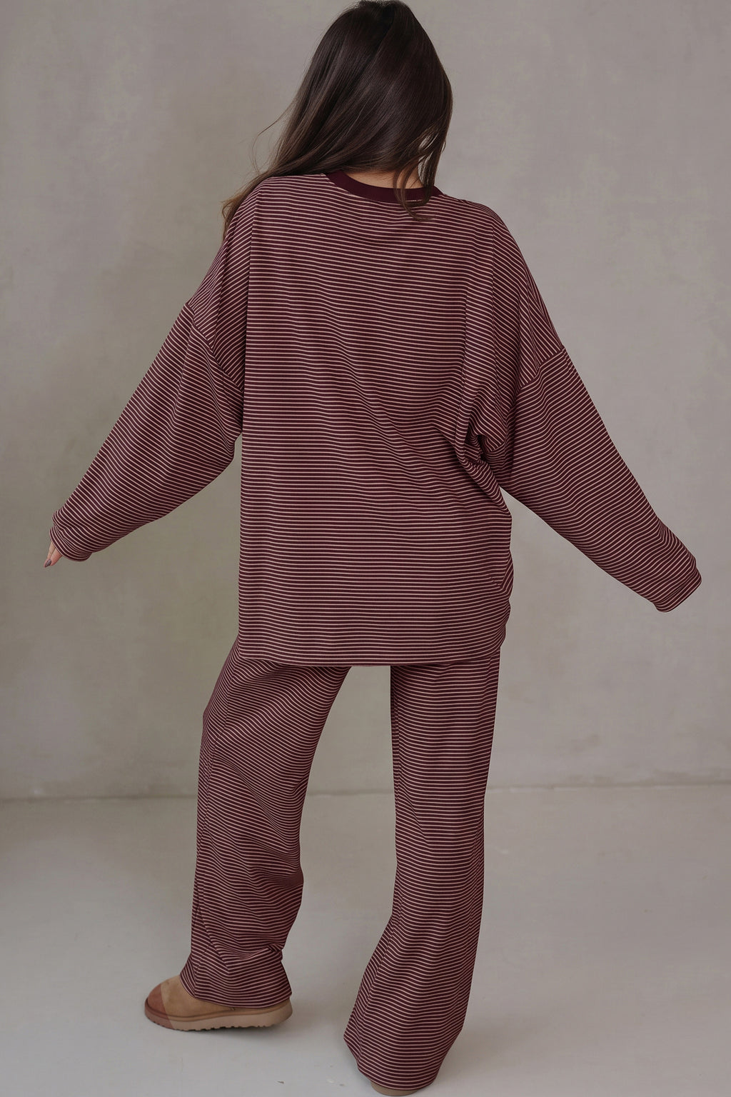Pink Stripe Contrast Trim Round Neck Oversize Long Sleeve Top 2pcs Pant Set