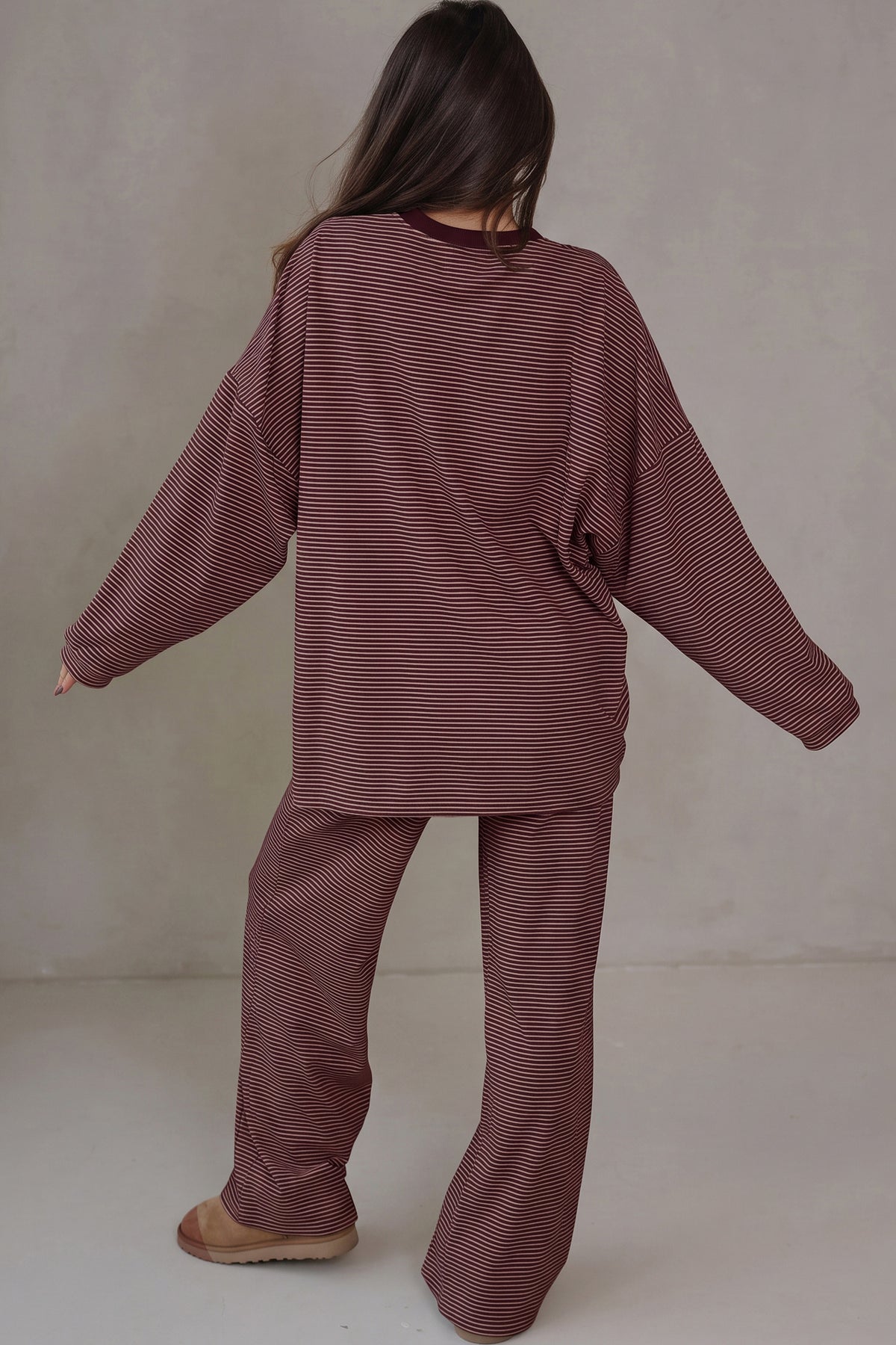 Pink Stripe Contrast Trim Round Neck Oversize Long Sleeve Top 2pcs Pant Set