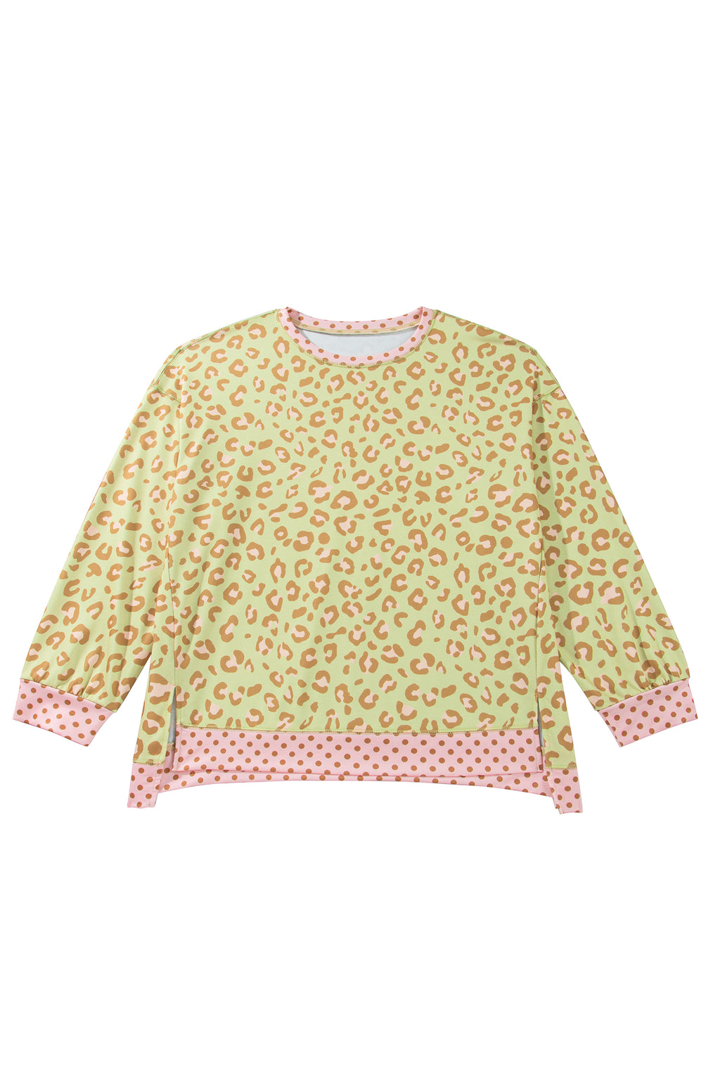 Brown Plus Size Leopard Print Contrast Polka Dot Trim Long Sleeve Top