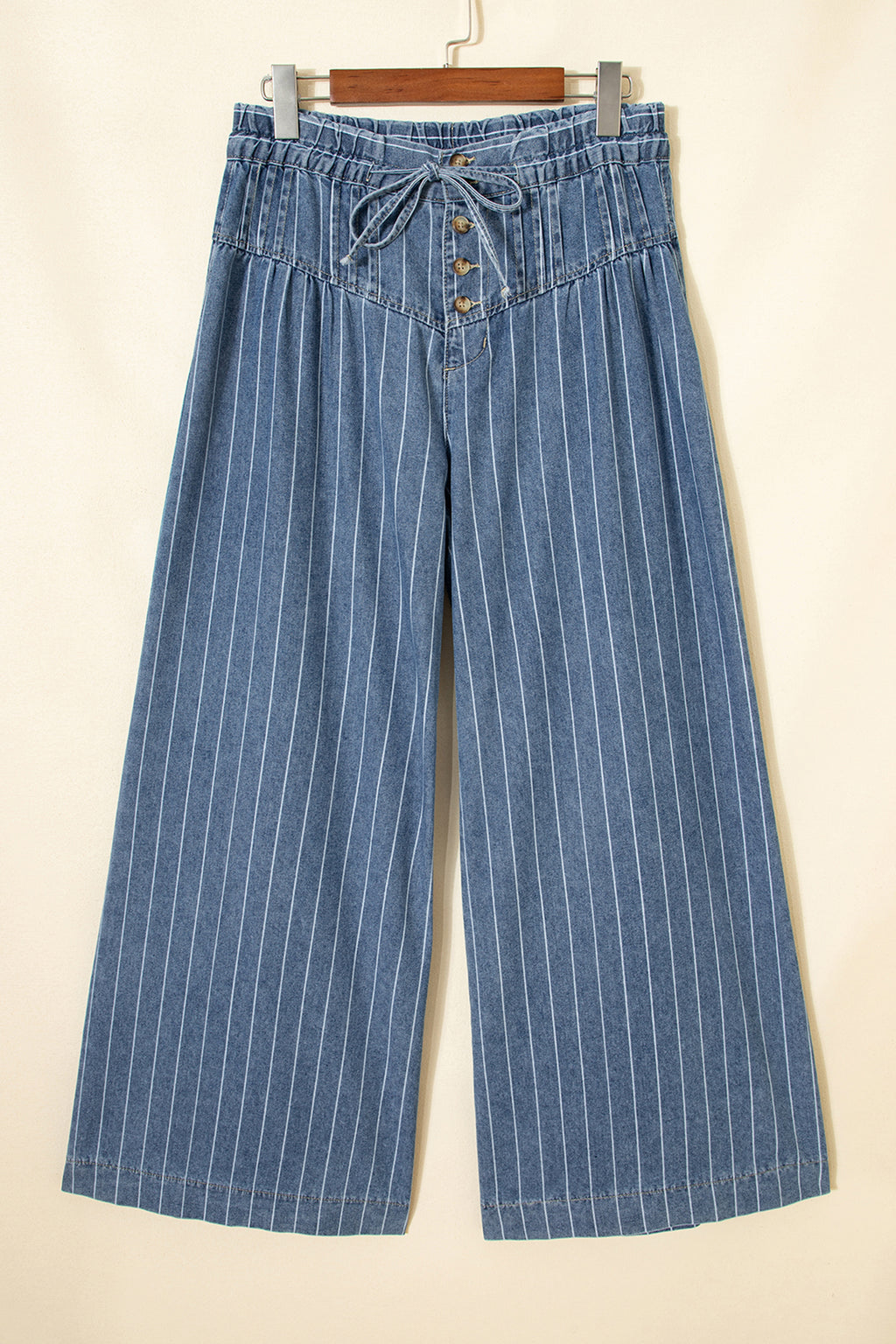 Sky Blue Stripe Button Pleated Drawstring Waist Casual Wide Leg Jeans