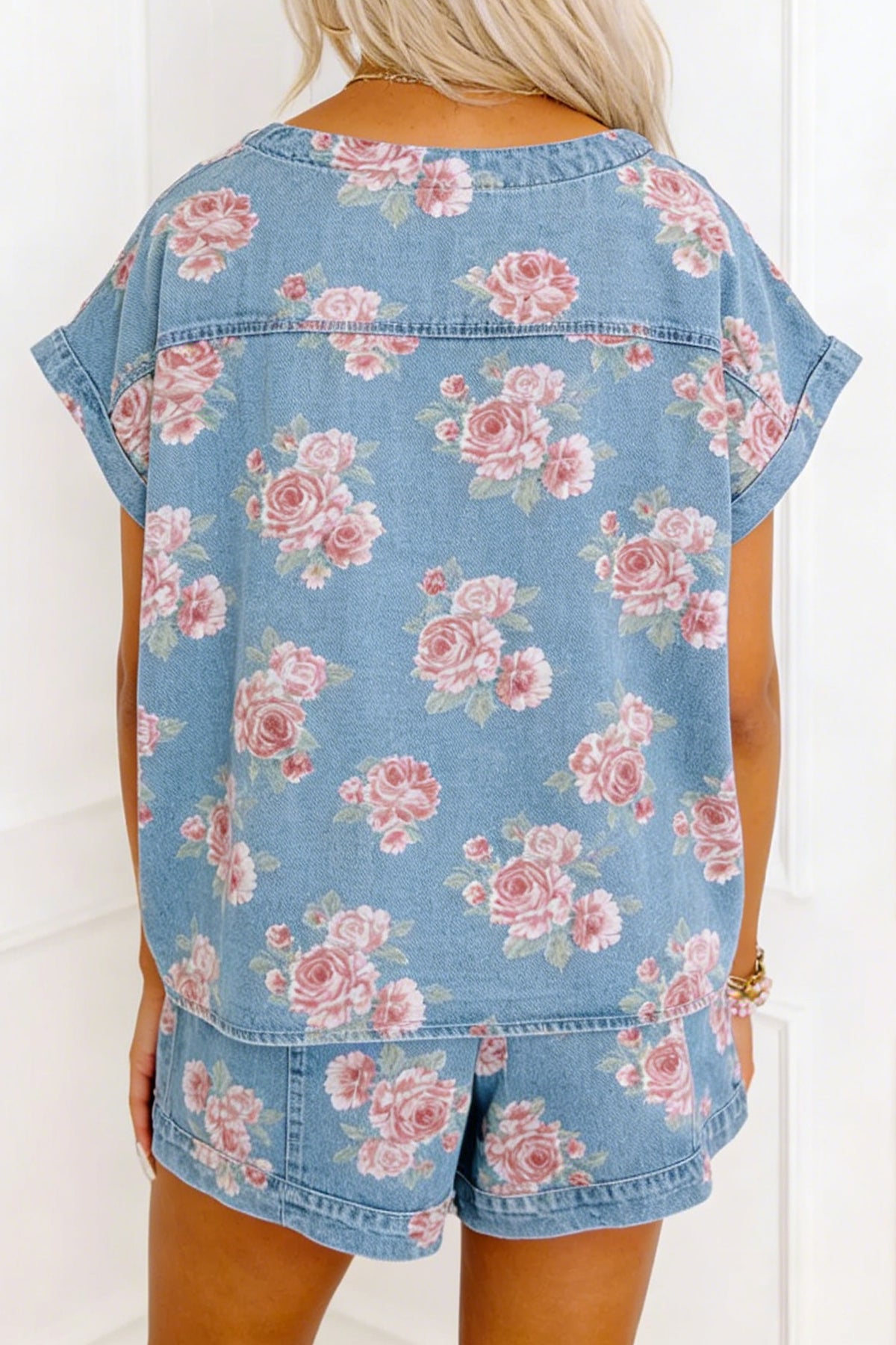 Sky Blue Floral Denim Short Sleeve Top Loose Shorts 2pcs Set