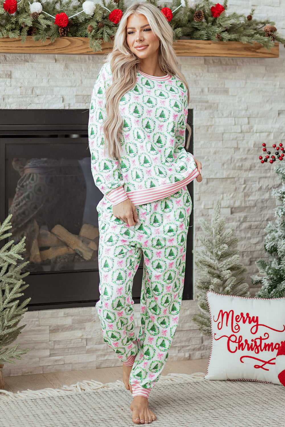 Green Bow Christmas Tree Print Contrast Striped Banding 2pcs Lounge Set