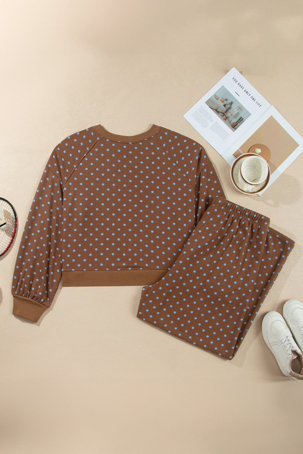 Brown Polka Dot Round Neck Long Sleeve Plus Size Set